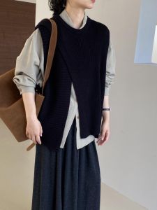 Western Style Two-Piece Suit Womens Fashion Pullover Slit Knitted Sweater Vest Easiest for Match Loose and Simple Pure Color Shirt Outfit