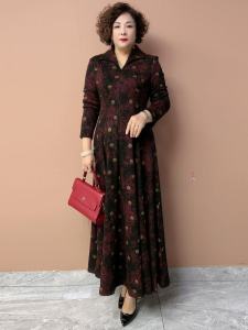 Elegant Long Sleeve Gold Mink Velvet Dress Autumn Winter A-Line Skirt Large Size Elasticity Maxi Skirt for Women over 200 Pounds