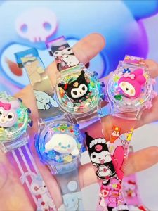 การ์ตูน นาฬิกาเด็ก Sanrio Kuromi Luminous Music นาฬิกาหมุนพลิกเด็กที่มีสีสันกระพริบนาฬิกา Led ของเล่นของขวัญวันเกิด Melody