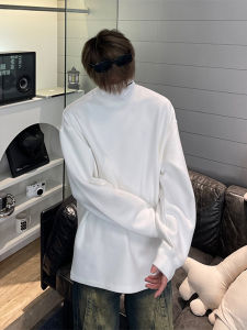 Pure White Dralon Long Sleeves T-Shirt Mens Autumn Loose American Sweatshirt Half Turtleneck Suit Inner Bottoming Shirt Tops