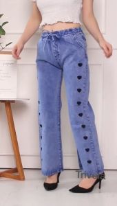 AuroraJeans - Lovely Karet / Celana Kulot Jeans Tebal Love Bordir Wanita Pinggang Full Karet Tebal