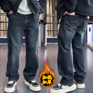 กางเกงยีนส์ทรงหลวมขาตรงเอวกลางผ้ากำมะหยี่หนาสำหรับผู้ชายในฤดูหนาว กางเกงขายาวทรงหลวมสบายๆ ทรงหลวม