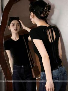 Bow-Tie Lace-Up Cutout Black Short Sleeve T-Shirt