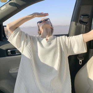 Loose Mens Short Sleeve T-Shirt V-Neck Half Sleeve Breathable Polyester Spring Summer New Style Textured Casual Teenage Student