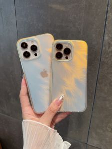 YunYin Ultra-Thin Matte Acrylic Phone Case for 16Pro Max Gradient Laser Design Full Cover Transparent Feather Pattern