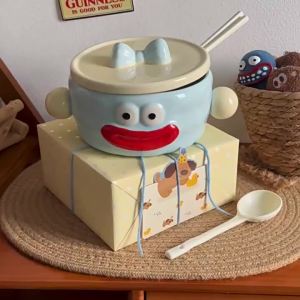 Cartoon Funny Large Mouth Ceramic Bowl with Lid Spoon and Chopsticks