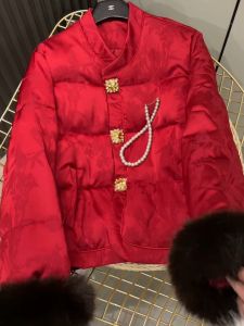 Red Thickened Heavy Embroidery Chinese Style Womens Casual Outerwear Soft Elegant Personality Winter Long Sleeve Coat