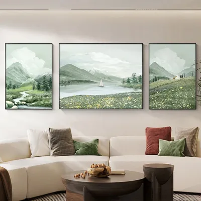 Elegant Green Cream Living Room Sofa Background Wall Hanging Decor