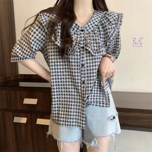 Artistic Vintage Plaid Doll Collar Shirt Loose Versatile Sweet Anti-aging Top for Women Summer New Style Casual Shirt