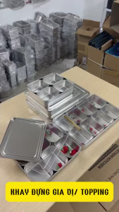 Bộ khay inox nhiều ngăn có nắp - đựng gia vị topping nguyên liệu sạch sẽ chuyên nghiệp