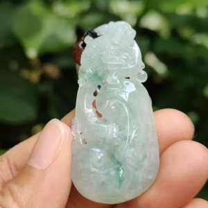 High Quality Light Green Hue Natural Type A Jadeite Jade crafted with shape of Ruyi and Three Legs Toad as Pendant certificate weighs 13.02 grams measurement 47.8 * 22.8 * 9 mm (pendant291)