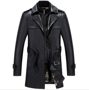 Winter Hainings Mens Sheep Leather Jacket Business Casual Style Mid-Length Plus Velvet Lining Thickened Integrated Outerwear