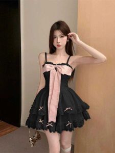 Sweet French Style Butterfly Knot Dress For Women Summer 2024 New Waist High Sleeveless Ruffled Skirt Slimming Design