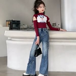 Korean Flared Jeans For Kid Girls Maong Baggy Pants Loose Denim Trousers Butterfly Embroidery Wide Leg Trousers 7-16Yrs