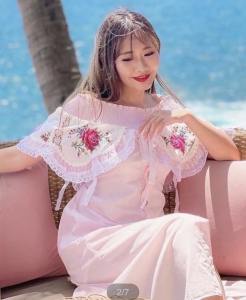 catwoman2038 Off Shoulder Button Front Slit Embroidery Rose Pink Dress - PIMNADACLOSET