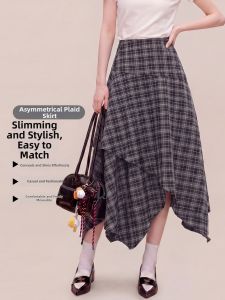 LIDIA | Black and Gray Plaid Irregular Hem Vintage A-line Skirt