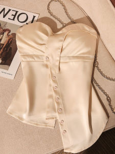 Áo Vest Không Dây Bằng Vải Satin Kiểu Pháp Áo Hở Lưng Ôm Vừa Vặn Một Bên Vai Mùa Hè Cho Nữ Áo Khoác Ngoài Thời Trang