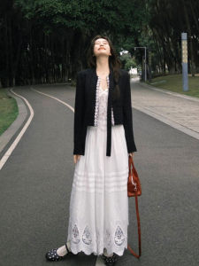 Black Butterfly Knot Jacket And Slimming Half Skirt Two-Piece Set Womens Fashion Commute Style High Waist A-Line Long Dress