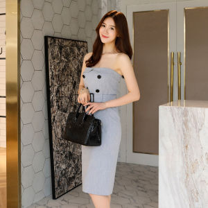 MUBEELE | Elegant European Style One Shoulder Wrap Dress Mid-Length Career Womens Dress High Waist Zipper Closure Pure Color Gown