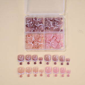 96Pcs/Box French Fake Toenails Butterfly/Flower Design Short Square Press On Toenail Glossy Full Cover False Toe Nail Extension