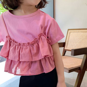 Áo Thun Bé Gái Áo Trẻ Em Vải Cotton Màu Trơn Xếp Nếp Tay Ngắn Quần Áo Bé Gái Mùa Hè Áo Hàn Quốc