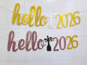 HAPPY NEW YEAR Hello 2026 glitter Gold Rose gold champagne bottle party decoration cardboard banner set w/string