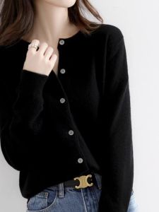 WANGGONGZHU | Fashionable Short Knitted Open Cardigan Womens Autumn Winter Black Sweater Jacket Round Neck Versatile Outerwear Commute Style