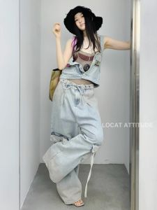 Senseaweek Relaxed Fit Vintage Design Drawstring Pocket Long Pants Spray Dirty Workwear Overalls Casual Pants for Women