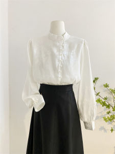 Retro Elegance Long Sleeve Stand Collar Womens Shirt Autumn Design Beaded Overhead Fashionable Base Layer Top Button up