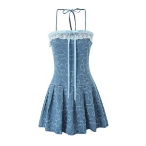 Sweet And Spicy Lace Butterfly Knot Denim Embroidery Halter Neck Mini Dress Womens Spring Summer Autumn A-Line Gown