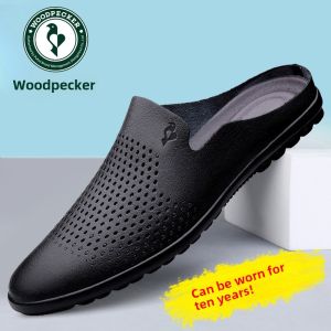 Woodpecker Leather Shoes Mens Summer Cut Out Breathable Soft Bottom Half Slippers Mens Leather Leisure Pump Sandals Slip-on Outwear