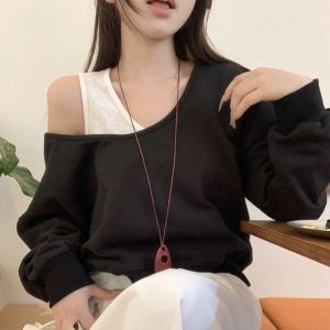 Shoulder Bared Oversized Sweatshirt Womens Spring New Loose Slimming Outerwear Two Piece Set Casual American Style Streetwear