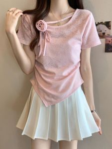 Rose Embroidery Short Sleeve Womens T-shirt Neck Hanging Beautiful Summer Korean Style Slim Fit Top Butterfly Knot round Neck