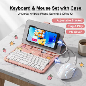 Android OTG Wired Keyboard Mouse Set with Leather Case Adjustable Phone Stand for Mobile Office Gaming Study