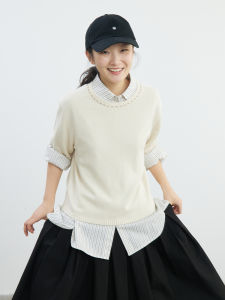 Womens round Neck Knitted Sweater Five-Quarter Sleeve Color Block Stitched Line Casual Commute Style Loose Fit Regular Thickness