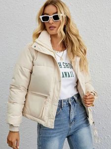 เสื้อแจ็คเก็ตผ้าฝ้ายทรงหลวมแขนยาวปิดซิปคอตั้ง เสื้อคลุมกันหนาวแบบลำลองสำหรับผู้หญิงในฤดูใบไม้ร่วงและฤดูหนาว