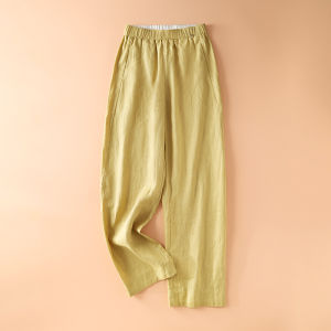 MEITESIJIAONU | Tencel Linen Lightweight Summer Casual Wide Leg Pants Khaki Yellow