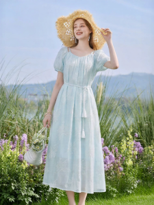 XIANGYING | Blue Embroidered Flounce-Waisted Summer Dress