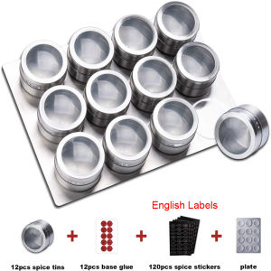 Magnetic Spice Jar Set with RU/EN Labels Stickers Stainless Steel Base Condiment Container Organizer Pepper Seasoning Sprays Tin