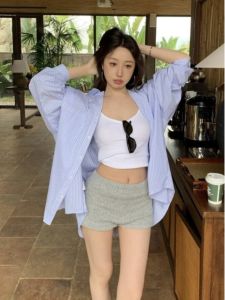 Blue Striped Loose Fit Long Sleeve Womens Shirt Summer Design Casual Lazy Style Sun Protection Spicy Girl Blouse Outerwear