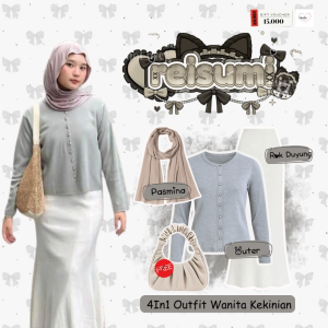 Modis - One Set Rok Dan Atasan Korean Style | Hijab Pasmina Ceruty Beige Top Outer Knit Grey Rok Duyung Putih | Outfit Rok Korean Style Hijab - ML47