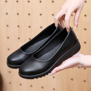 Casual Comfortable Womens Work Shoes Black Flat Bottom Commute Anti-slip Soft Bottom Mom Shoes Leather Shoes Wear-resistant Lightweight Office Shoes
