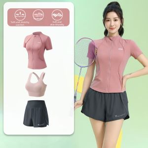 BAISILING | Womens Summer Sports Suit Zippered Jacket Shorts for Badminton Mobile Phone Pocket