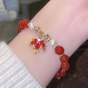 New Year Maple Leaf Pearl Pendant Bracelet Womens Fashion Jewelry Festive Design Versatile Polished Mixed Material Bracelet