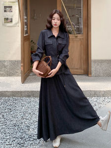 Deep Blue Korean Style Chic Womens Shirt Skirt Set Slimming Effect Autumn Fashion Casual Long Sleeve Button up mid High Waist
