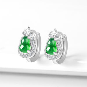 TIMESWIND Women Natural Jade Green Gourd S925 Silver Full Zircon Earrings with Certificate