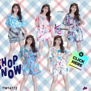 TW14772 Set 2 ชิ้น เสื้อเชิ้ต กระดุมหน้า แขนสั้น มาพร้อมกางเกงขาสั้น
