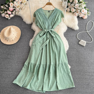 Elegant V-neck Bubble Sleeve Womens Dress with Waist-cinching Bow A-line Skirt Chiffon Mid-length Summer Fashion Dress