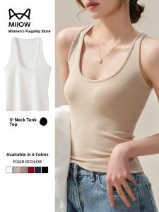 MiiOW | Cat Woman Cotton Tank Top 2025 New Summer Short U-Neck Slim Fit Inner Wear White Threaded Design Versatile Stylish Casual Top