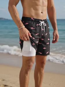 Quần Short Nam Nhanh Khô 2 Trong 1 Có Túi Đựng Điện Thoại Đồ Bơi Đi Biển Ngộ Nghĩnh In Hình Chim Hồng Hạc Quần Bơi Mùa Hè Thông Thường